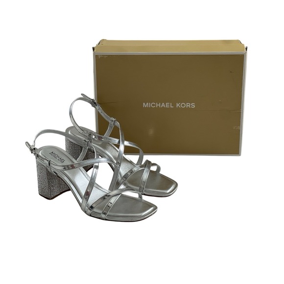 Michael Kors Womens‎ Crystal Embellished Metallic Sandals Shoes Block Heel 7.5M - Picture 1 of 10